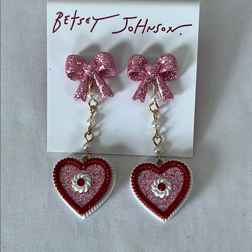 Betsey Johnson Baby Cakes Heart and Bow Drop Earrings Pink Red NWT